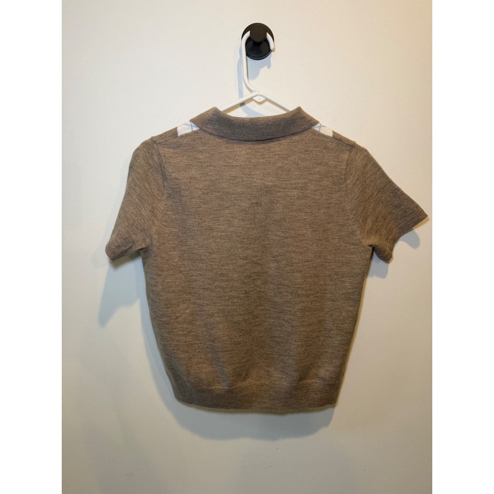 MNG Mango Women Brown Argyle Knit Short Sleeve Polo Sweater Size Small - Picture 5 of 7